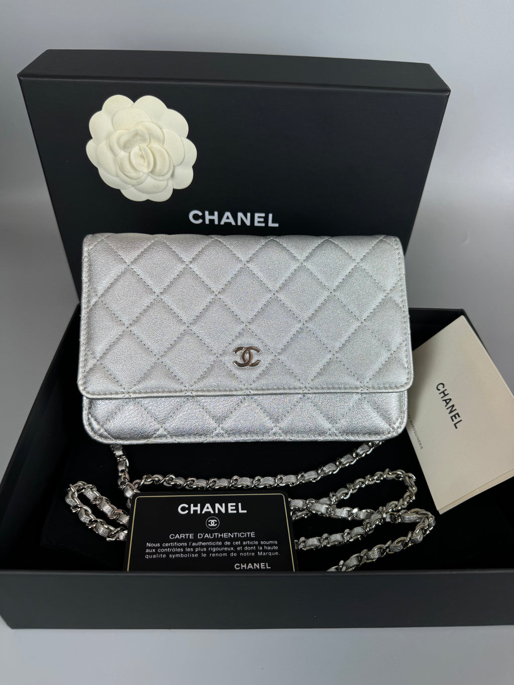 CHANEL Silver Quilted Caviar Wallet On Chain