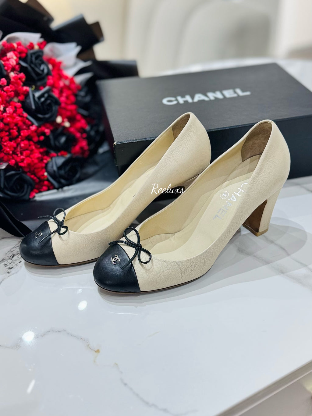 CHANEL  Block  Heel Women's Pump Upper Leather Heels
