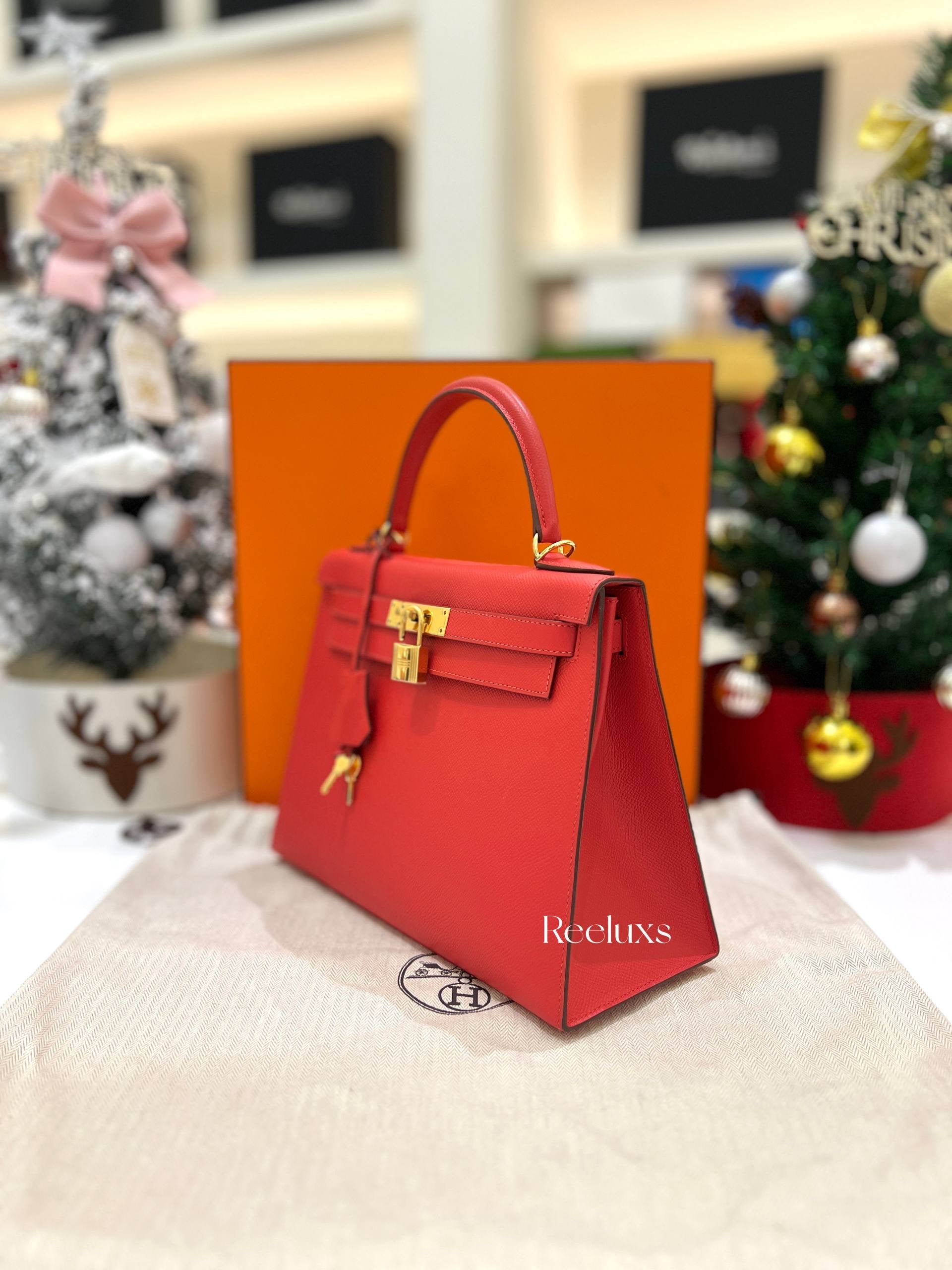 FullSet HERMES Kelly 28 Sellier Rouge Casaque Epsom Gold Hardware Handbag