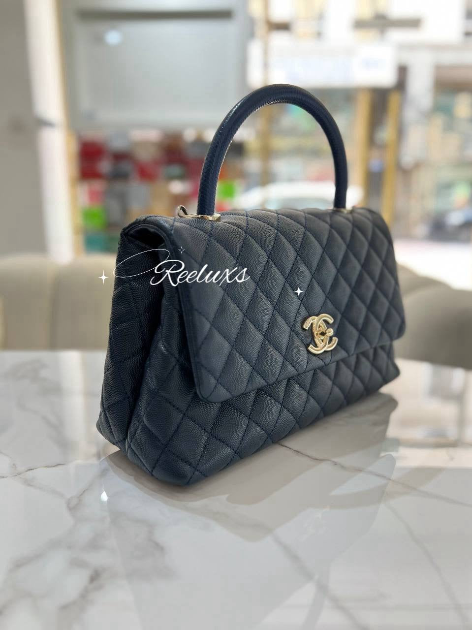 FULL SET CHANEL Coco Handle Bag In Navy Blue Quilted Caviar Leather