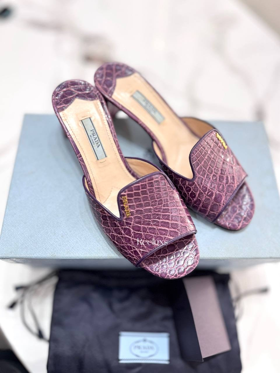 Prada Croc Embossed Leather Flat Sandals