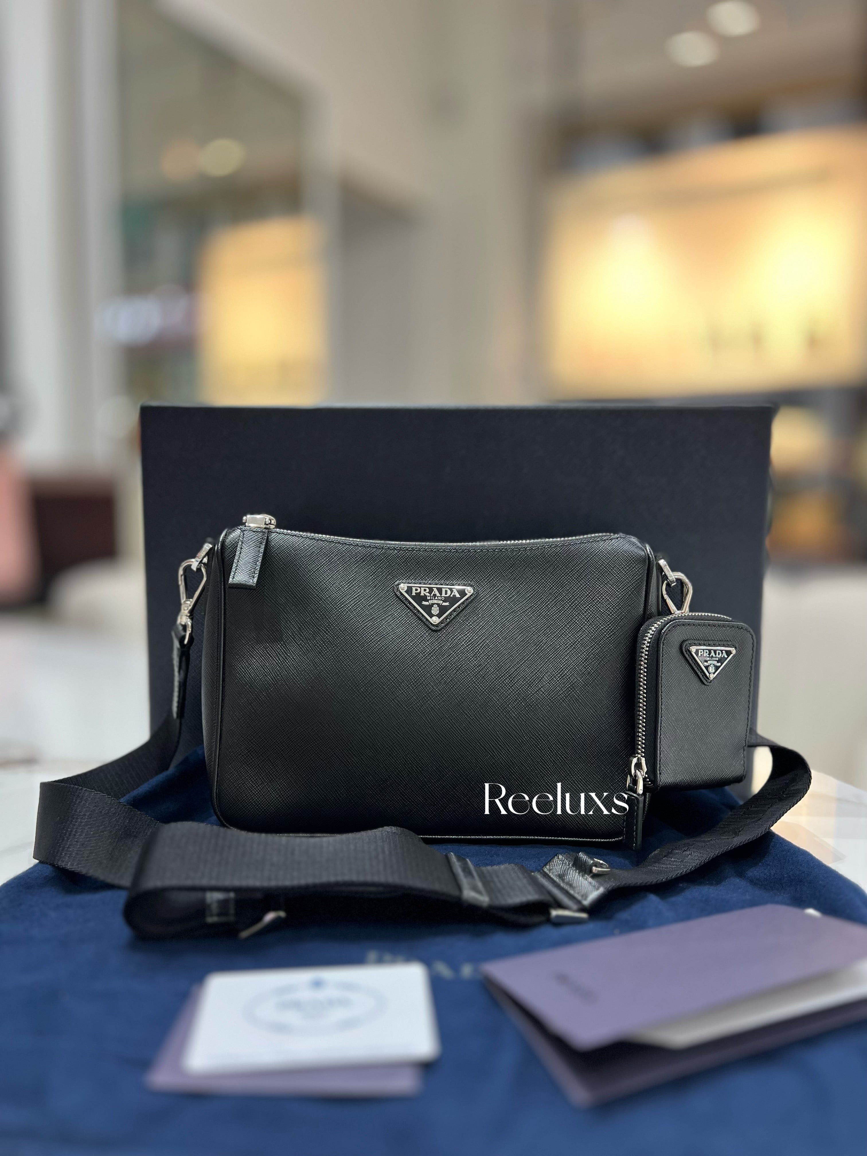 Full Set Black PRADA Saffiano Leather Shoulder Bag