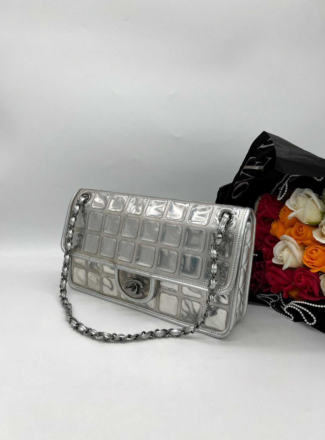 CHANEL Silver Leather Ice Cube Limited Edition Flap Bag - Reeluxs 