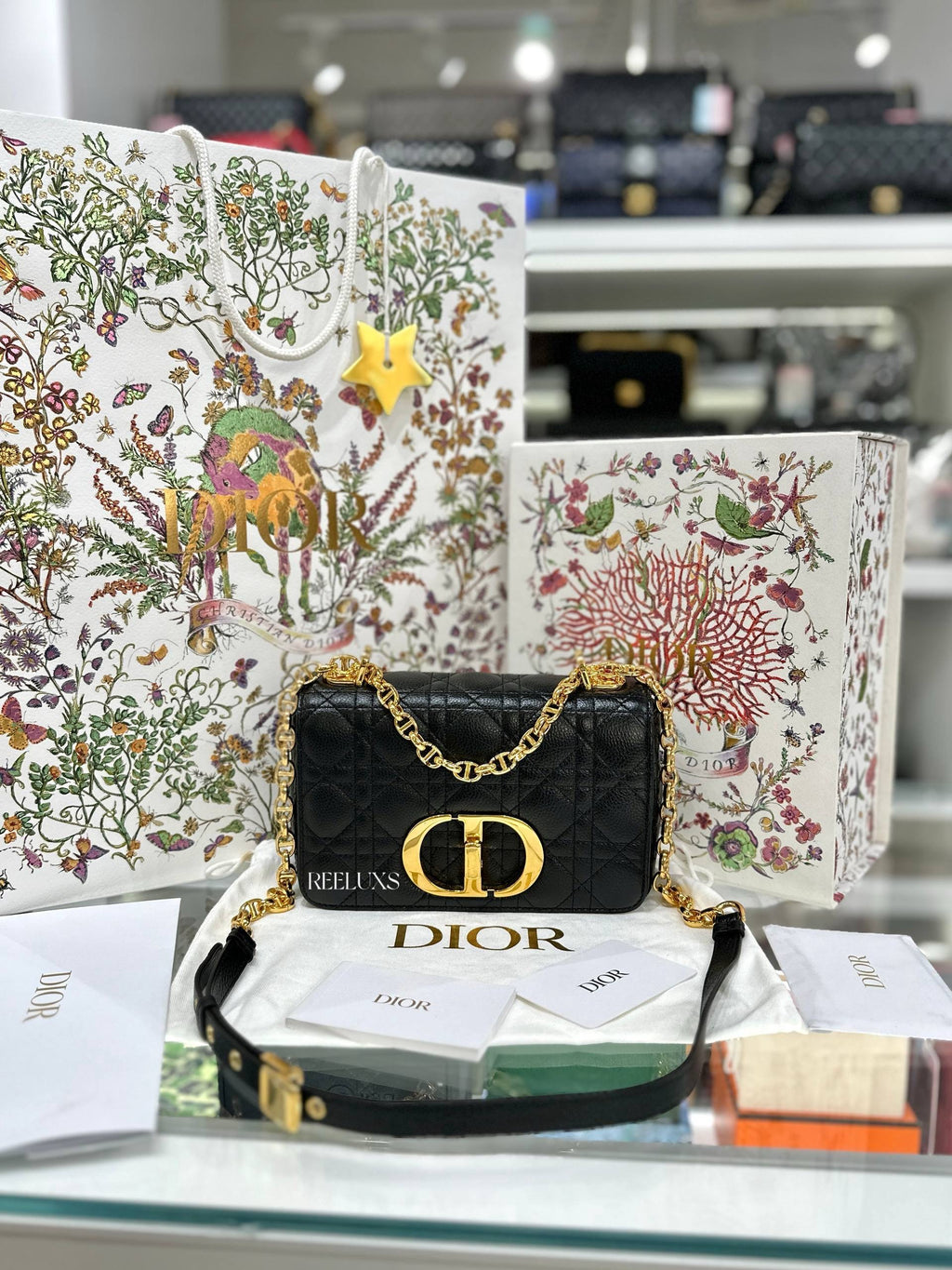 Christian Dior Black Supple Cannage Calfskin Caro Bag Full Set