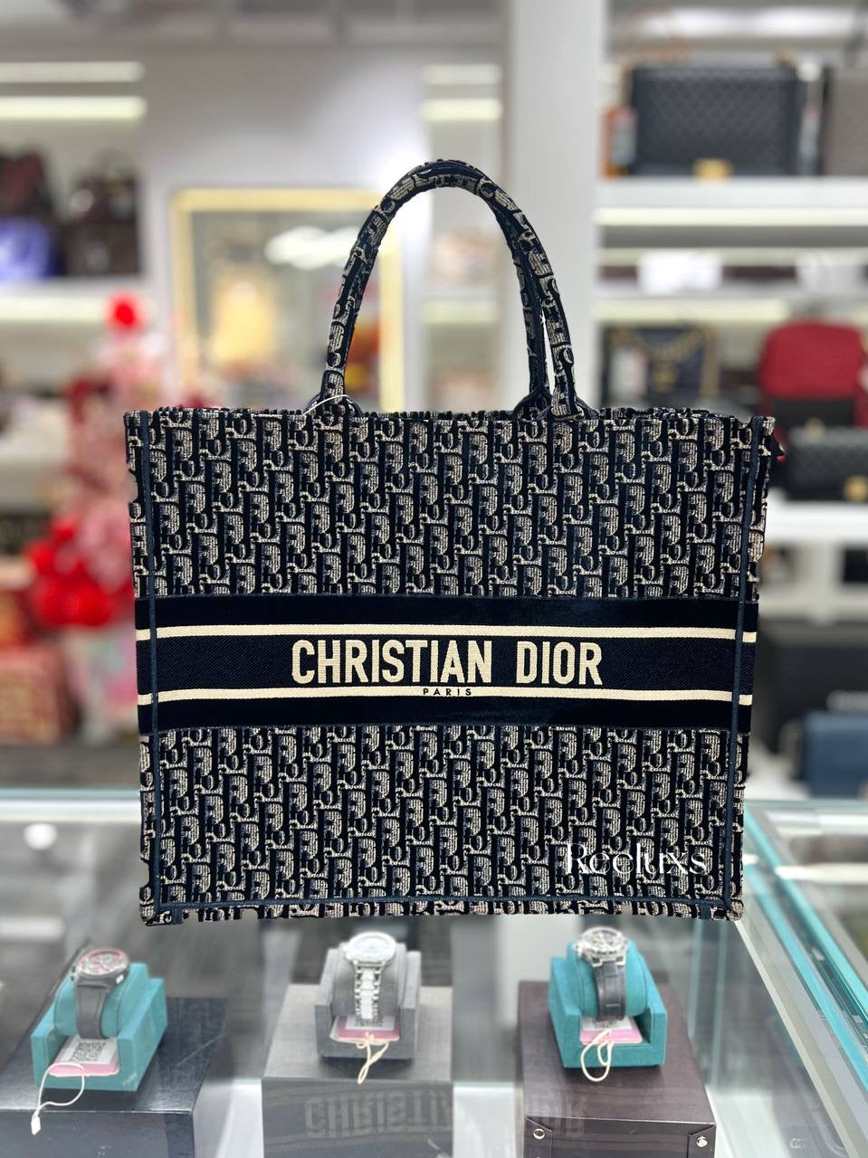 CHRISTIAN DIOR Large Dior Book Tote Blue Oblique Embroidery