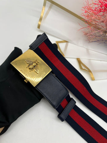 GUCCI Blue/Red Canvas Queen Margaret Bee Web Belt - Reeluxs 