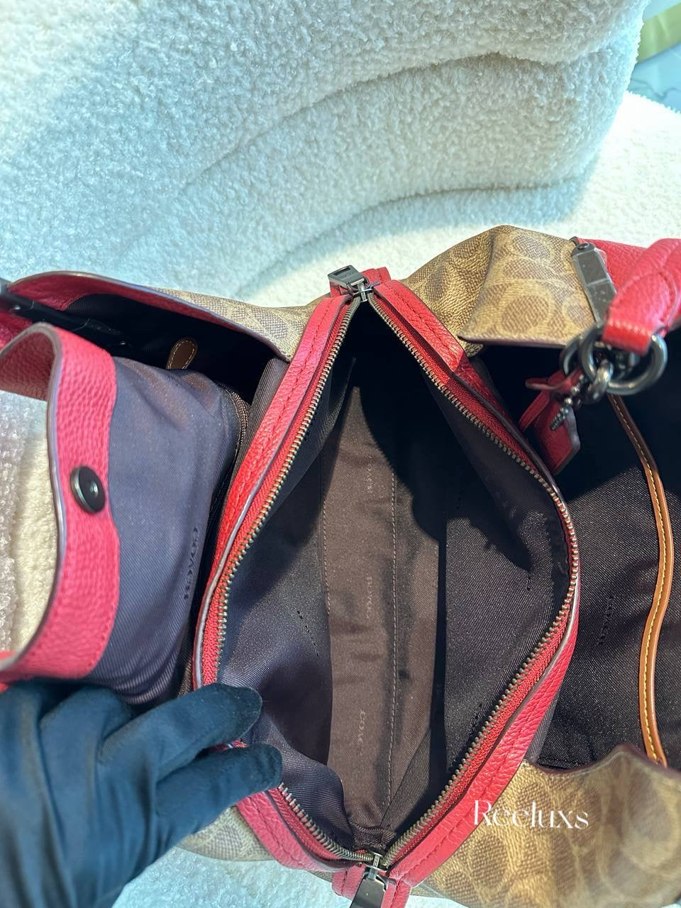 COACH Dalton 31 With Signature Canvas Blocking Tan Red Apple Shoulder Bag