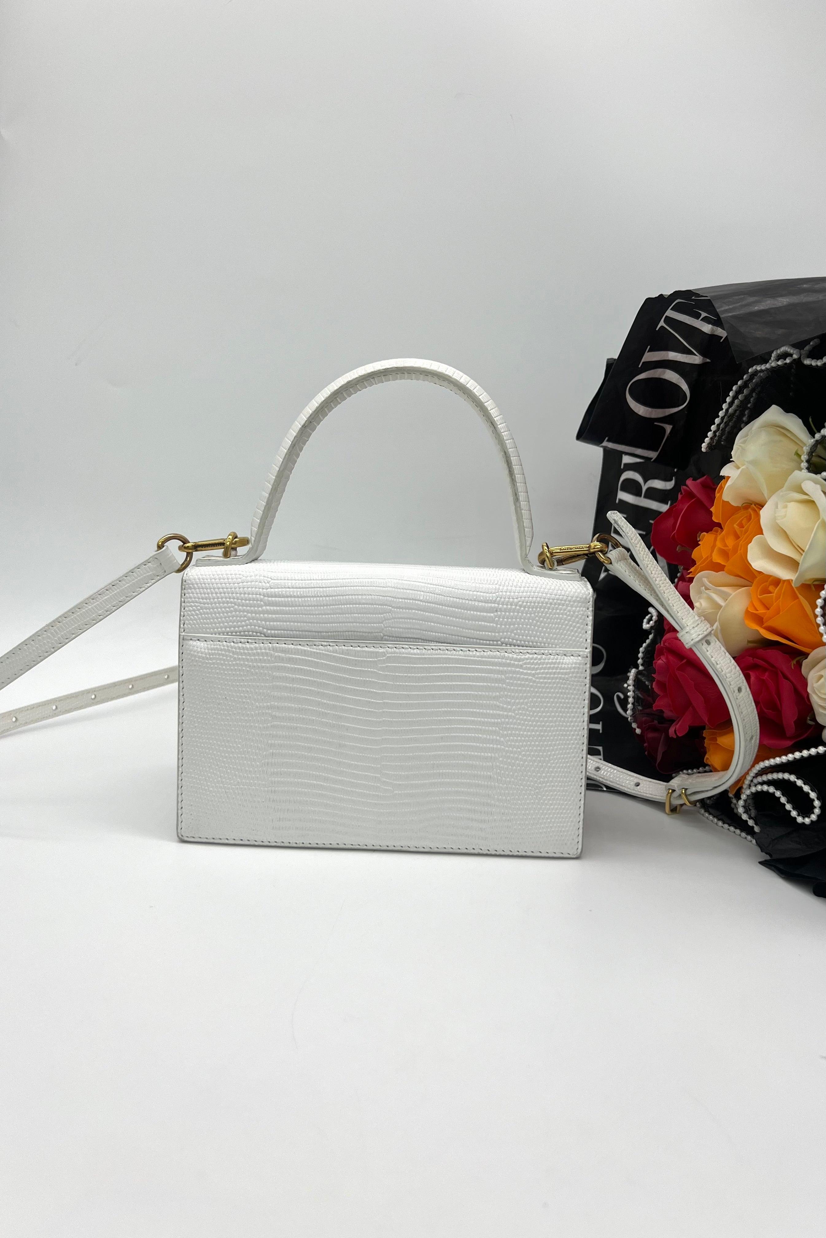 BALENCIAGA White Lizard Embossed Leather Sharp Top Handle Bag - Reeluxs 