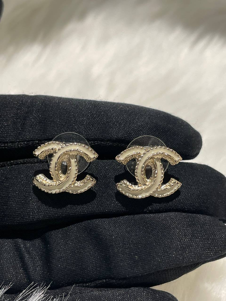 CHANEL Enamel CC Earrings Gold White