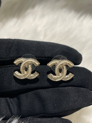 CHANEL Enamel CC Earrings Gold White