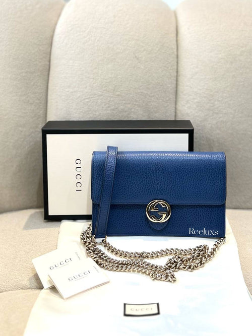 FullSet GUCCI Blue Leather Interlocking GG Wallet On Chain - WOC