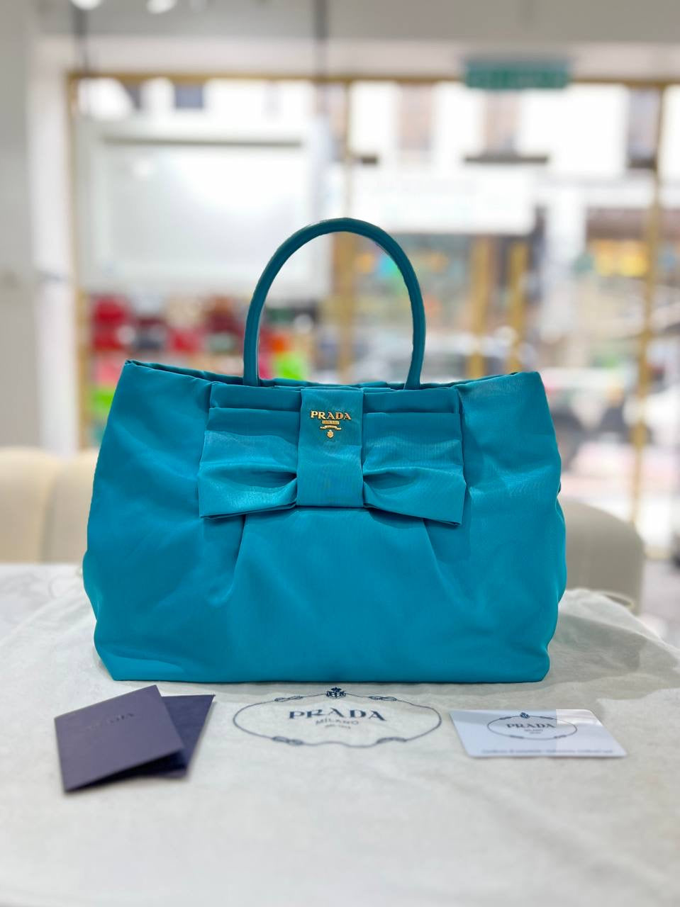 PRADA Tessuto Fiocco Bow Tote Torquoise Handbag