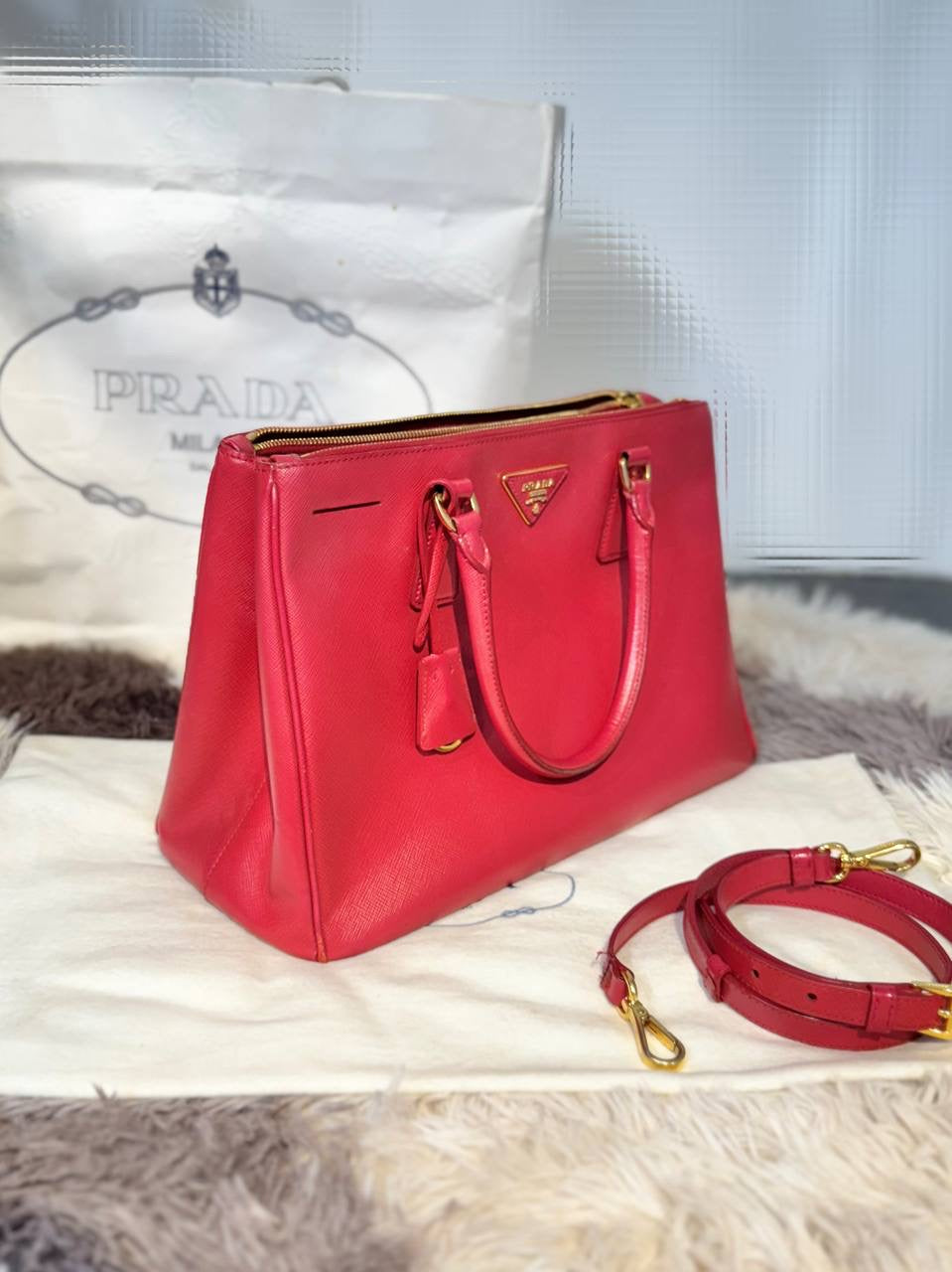 PRADA Saffiano Leather Lux Double Zip Medium Tote Handbag
