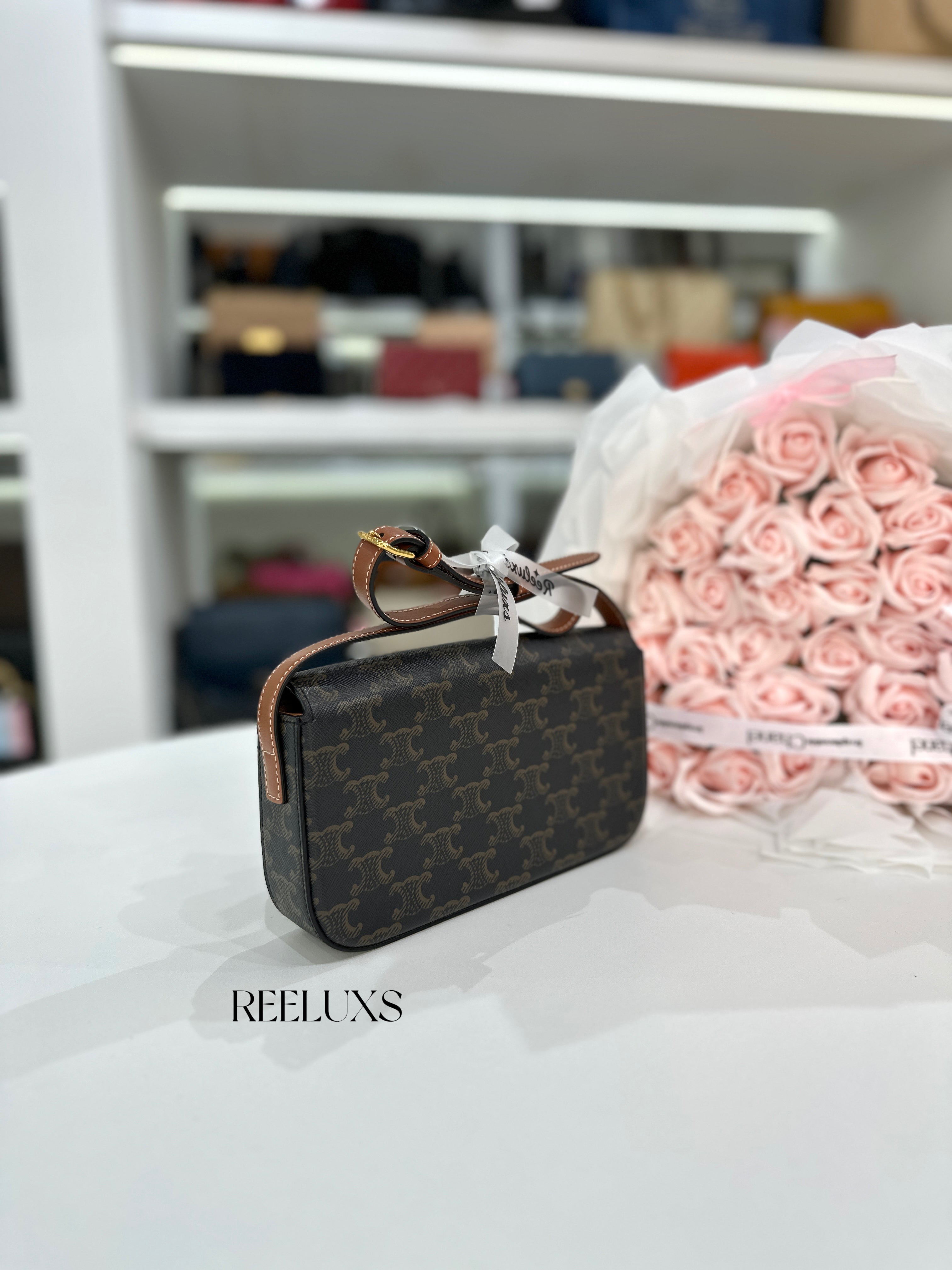 CELINE Claude Shoulder Bag in Triomphe Canvas and Calfskin