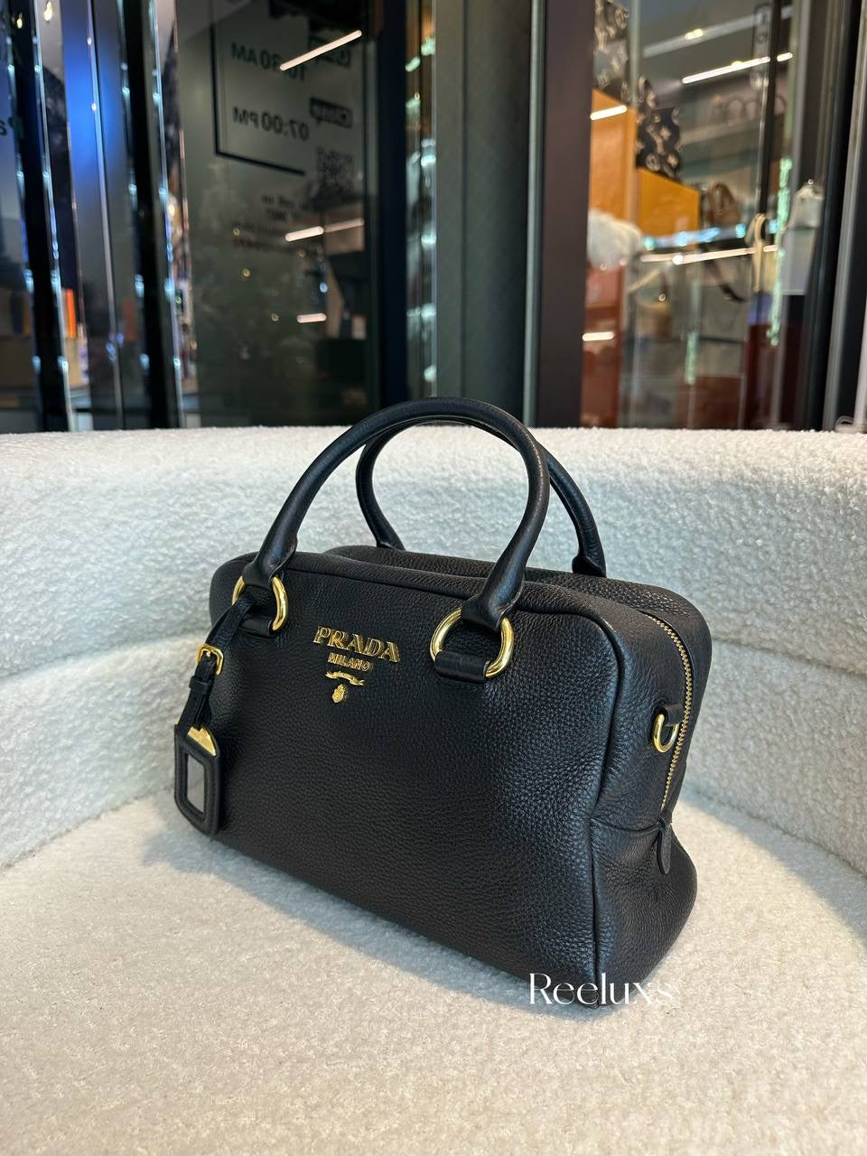 Prada Black Leather Stripe Strap Satchel Handbag