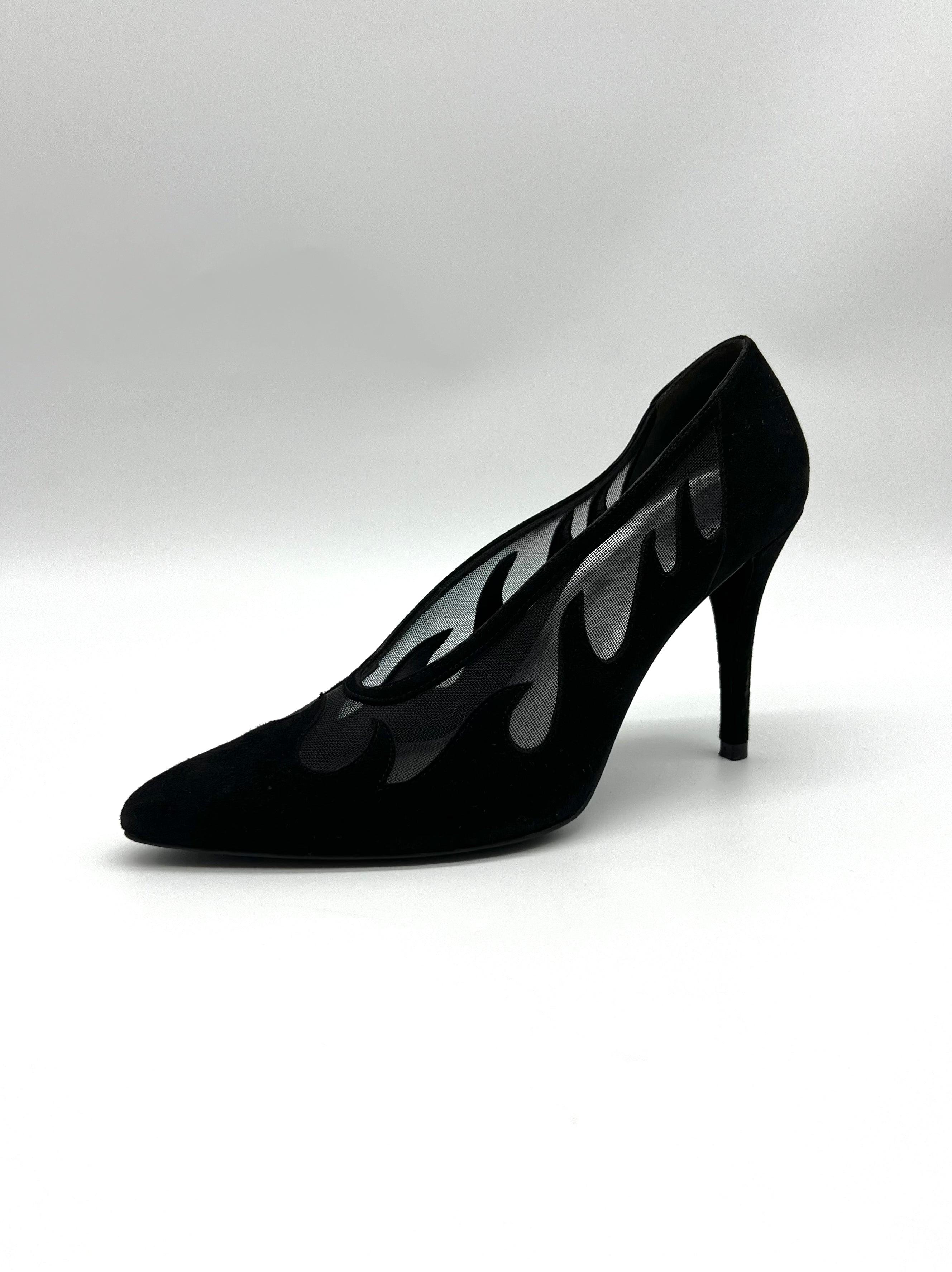 Stuart Weitzman Black Suede & Mesh Flames Pump - Reeluxs 