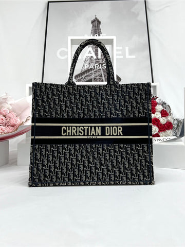 CHRISTIAN DIOR Large Dior Book Tote Blue Oblique Embroidery - Reeluxs 