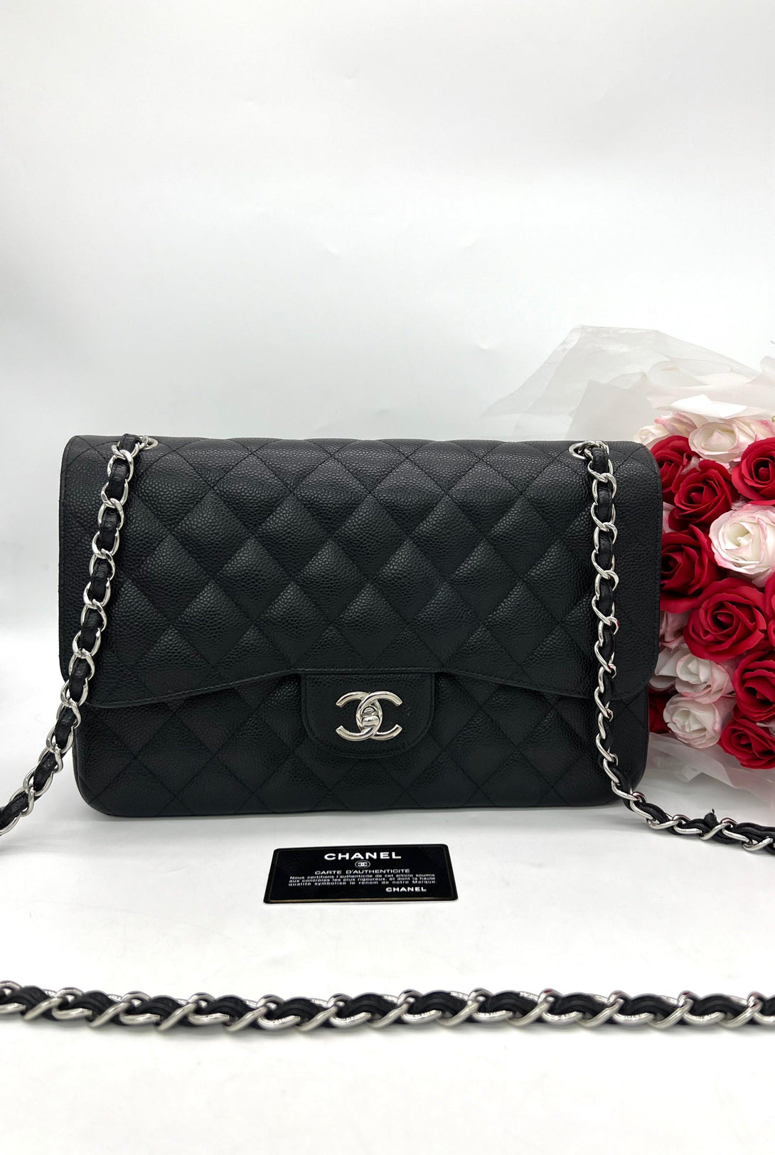 CHANEL Jumbo Classic Flap Black Caviar Silver Hardware Shoulder Bag For Women - Reeluxs 