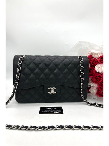 CHANEL Jumbo Classic Flap Black Caviar Silver Hardware Shoulder Bag For Women - Reeluxs 