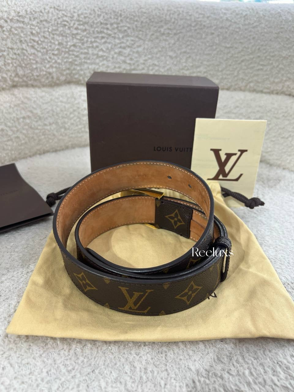 LOUSI  VUITTON Monogram Canvas Belt With a Gold-Tone LV