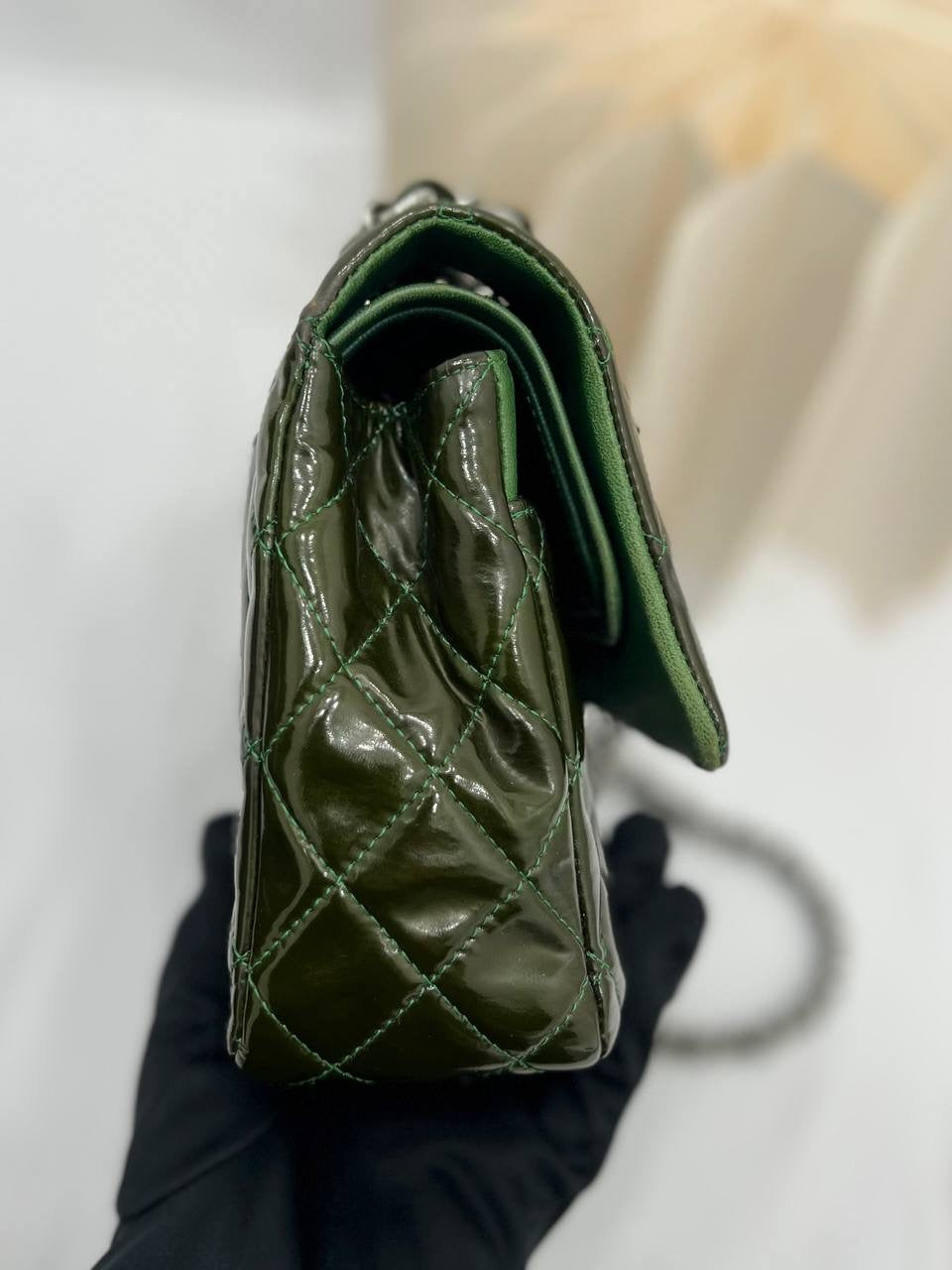 CHANEL Green Quilted Patent Leather Classic Medium Double Flap Bag