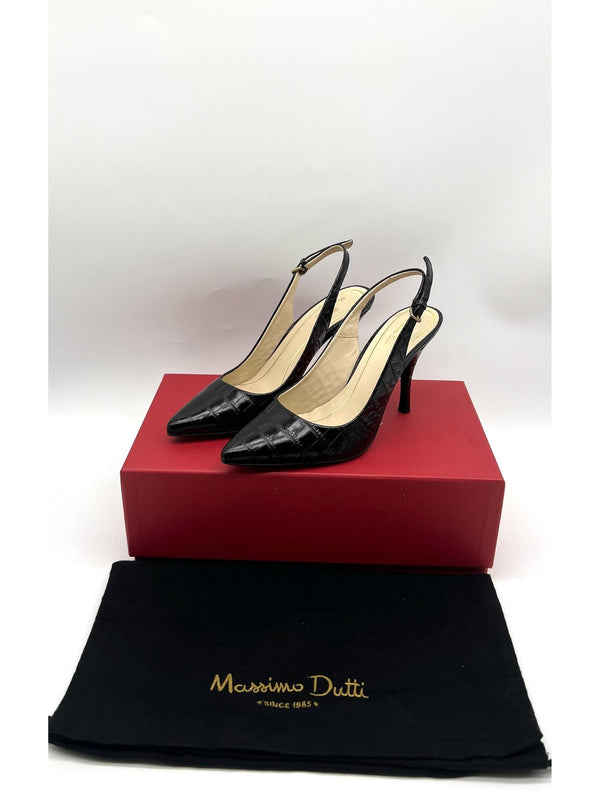 Massimo Dutti Womens Black Geometric Leather Slingback Heel - Reeluxs 