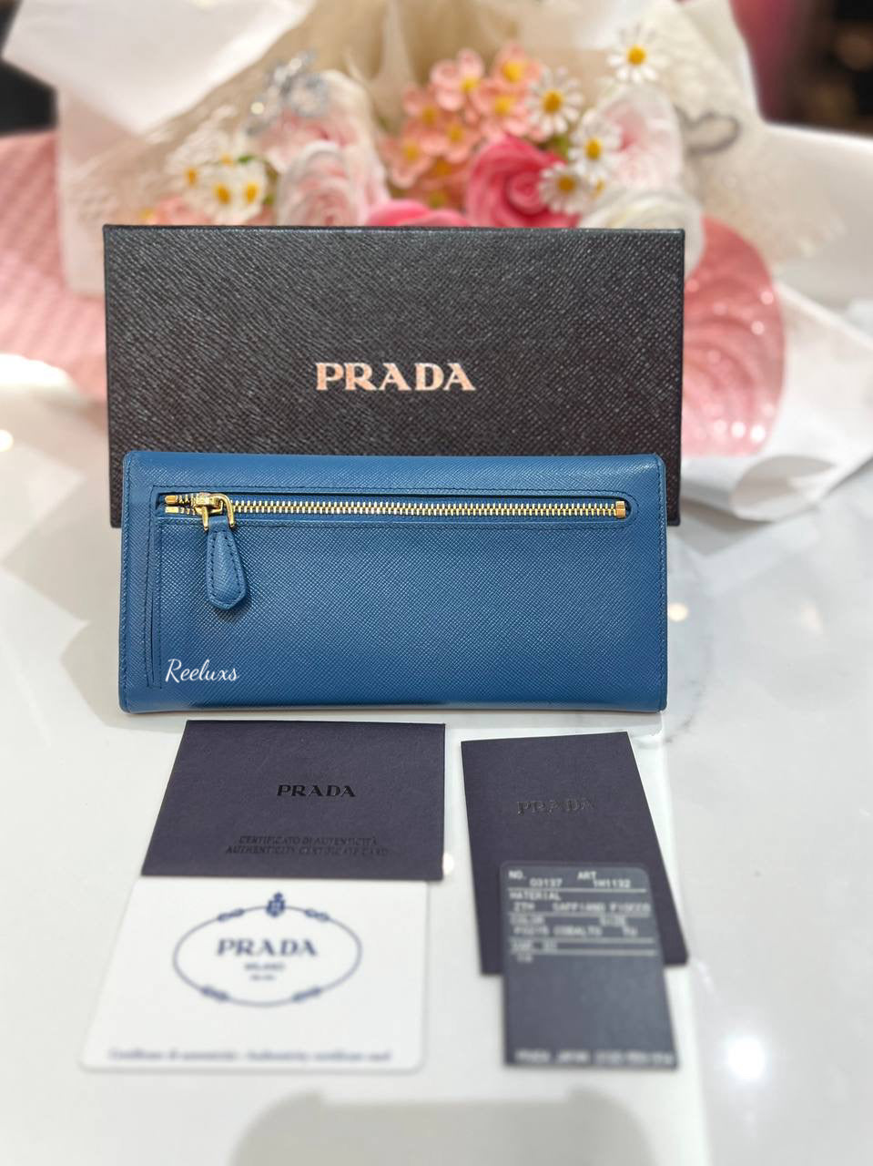 PRADA Saffiano Fiocco Ribbon 1M1132 Women's Saffiano Long Wallet (bi-fold) Bluette