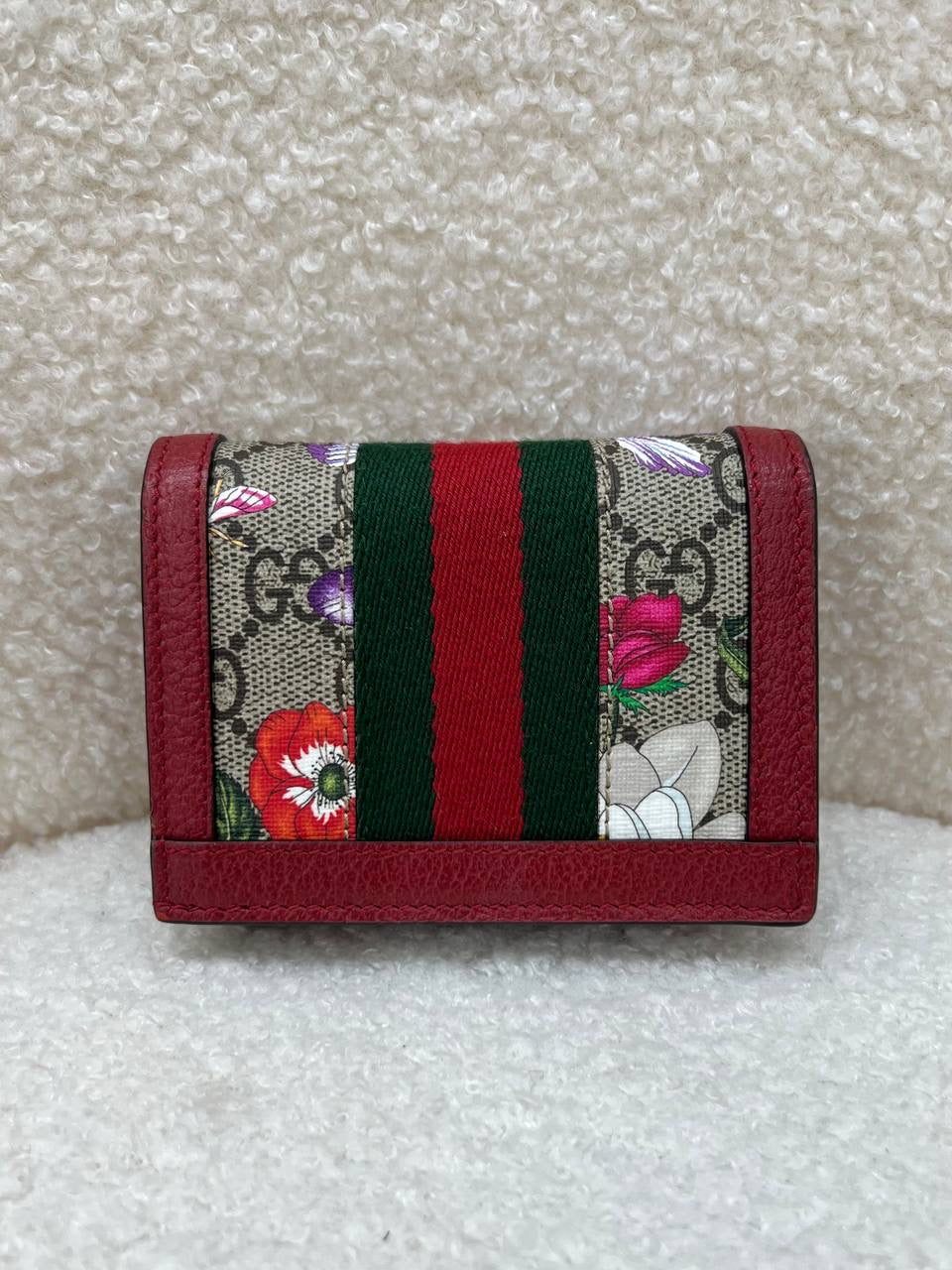 GUCCI Supreme GG Canvas Floral Coin Wallet With Red Trim Leather