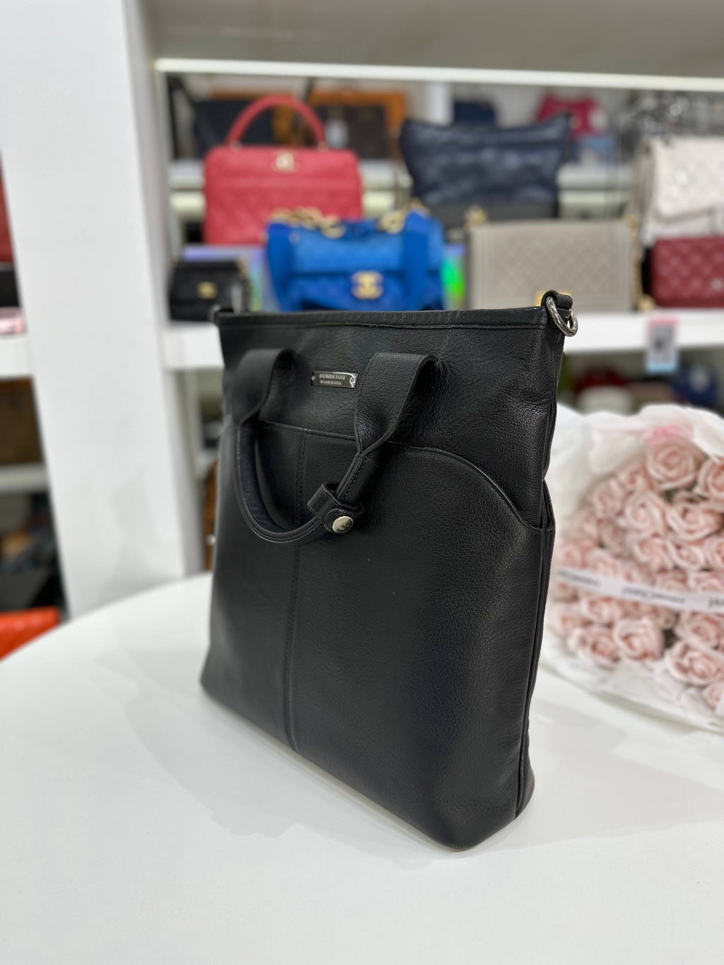 BURBERRY Black Leather Top Handle Shoulder Tote Bag