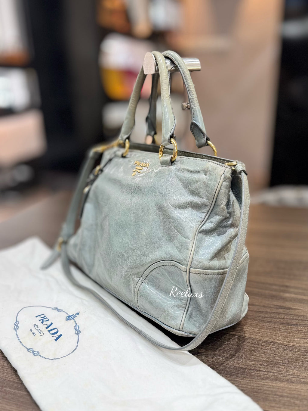 PRADA Vitello Shine Leather Two-Way Tote Handbag