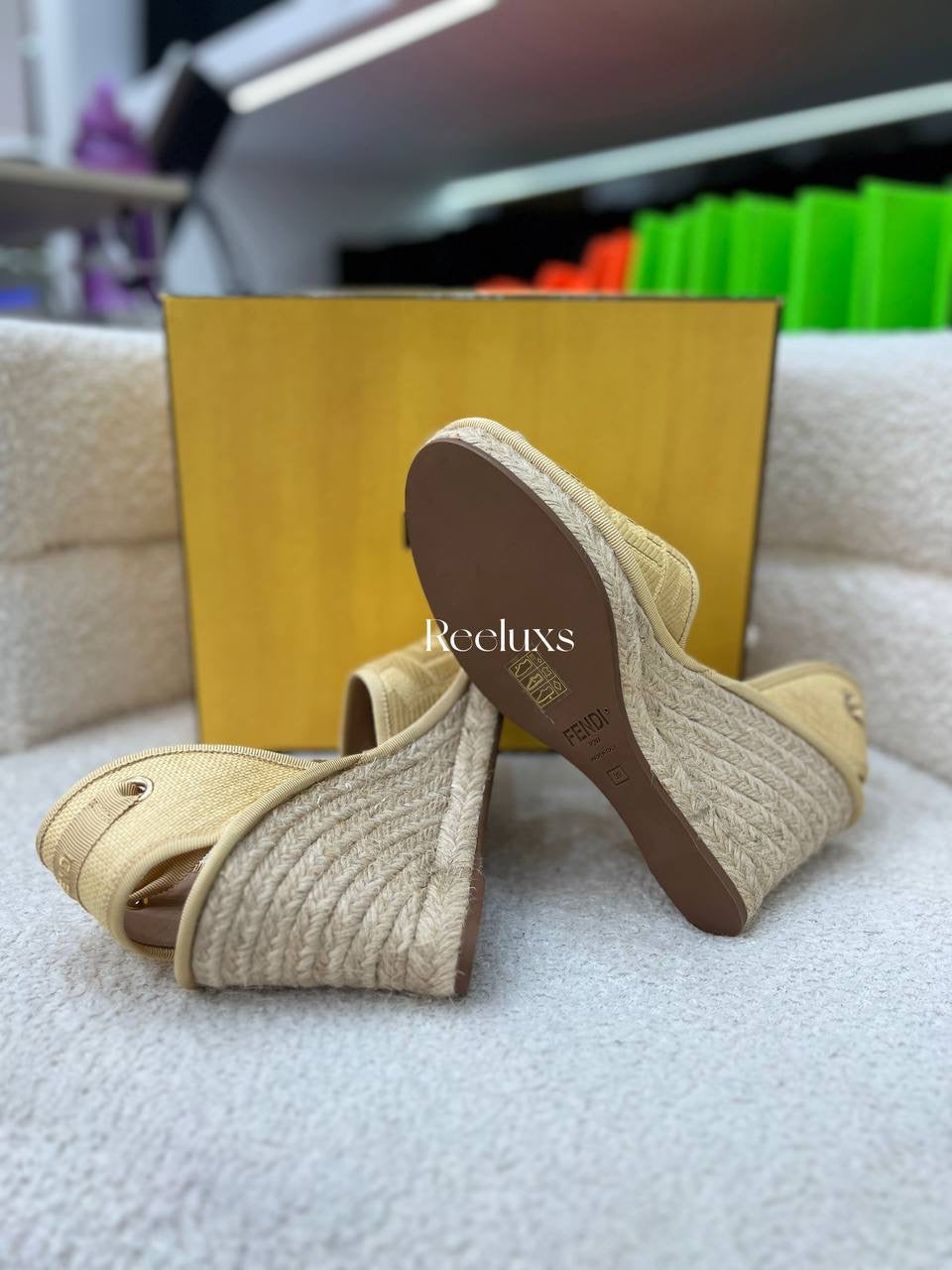 Full Set FENDI Yellow FF Logo Embroidered Fabric Ankle Wrap Espadrille  Flats