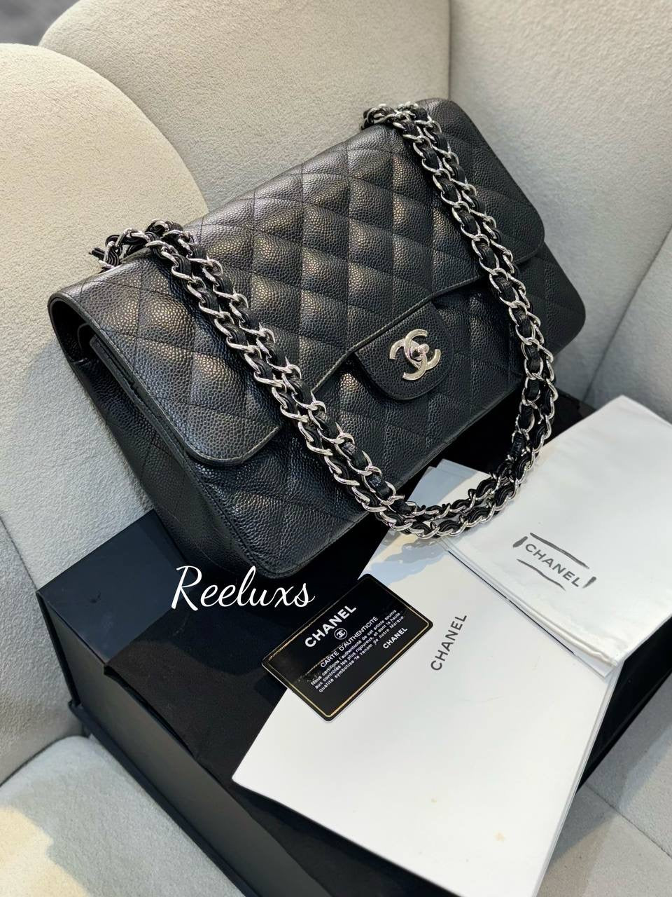 FULLSET CHANEL Jumbo Classic Double Flap Black Caviar Silver Hardware Shoulder Bag For Women