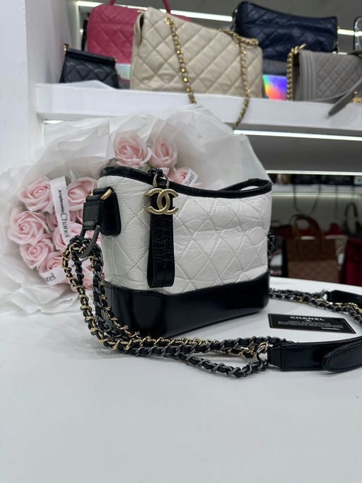 Full Set CHANEL Small Gabrielle Hobo Quilted Calfskin Black White Bag