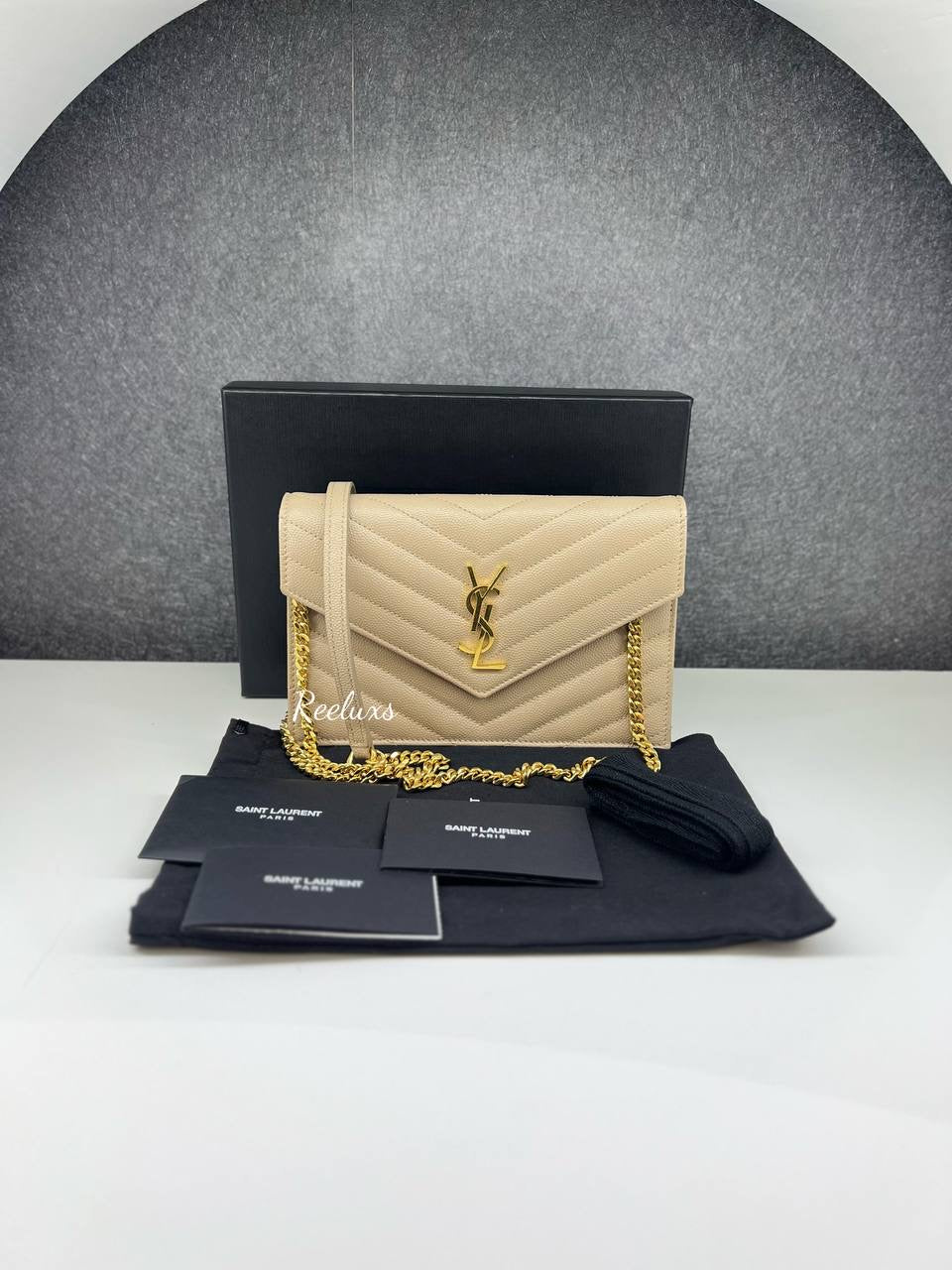 YVES SAINT LAURENT YSL Cassandra Leather Chain Wallet GHW Sling Bag( WOC )
