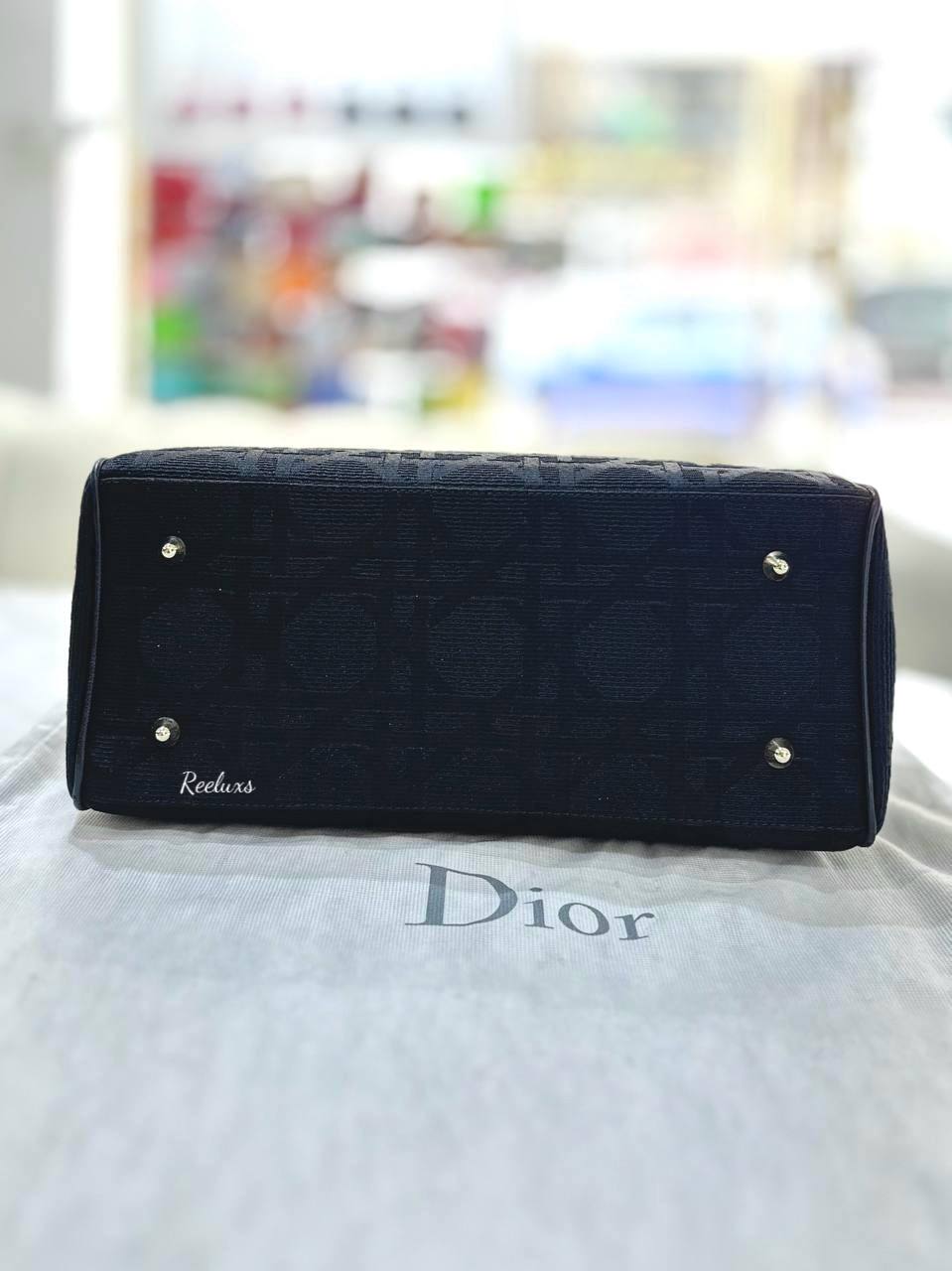 CHRISTIAN DIOR Cannage Handbag Tote Canvas Black Logo Charm