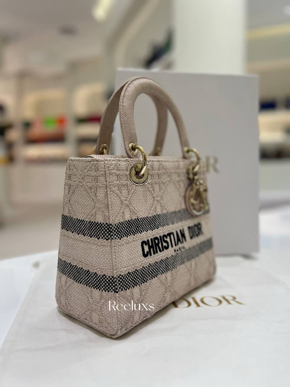 Lady D- Lite Bag Cannage Embroidered Raffia Medium