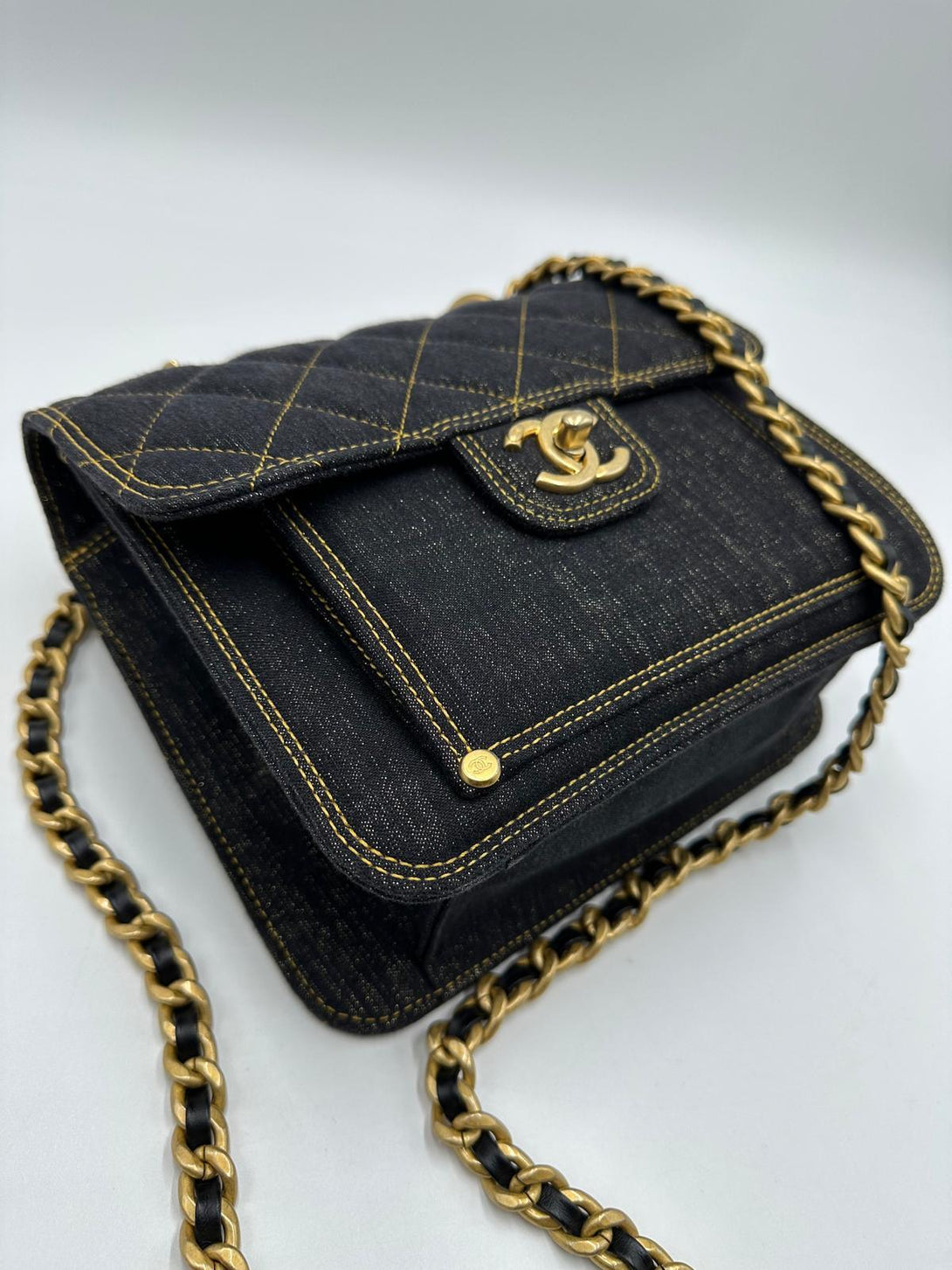 Chanel 2023 Microchip Navy Denim Quilted Double You Square Flap Black Golden - Reeluxs 