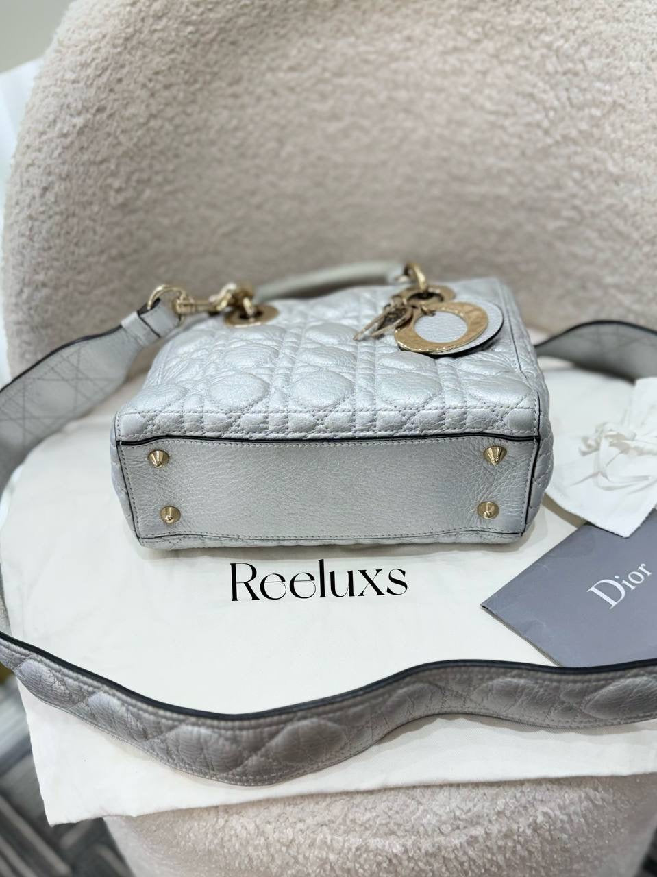 CHRISTIAN DIOR Lady Dior Soft Bag In Silver Leather Handbag - Shoulder Bag