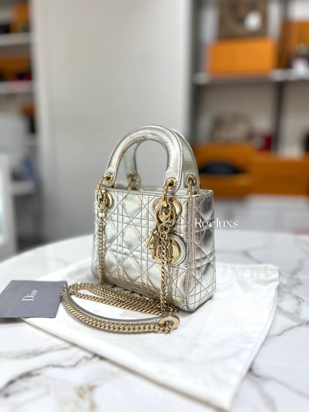 Mini Lady Dior Metallic Silver-tone Leather Bag