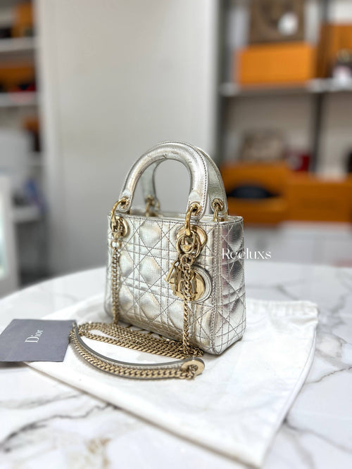 Mini Lady Dior Metallic Silver-tone Leather Bag
