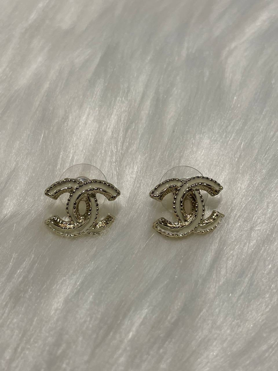 CHANEL Enamel CC Earrings Gold White