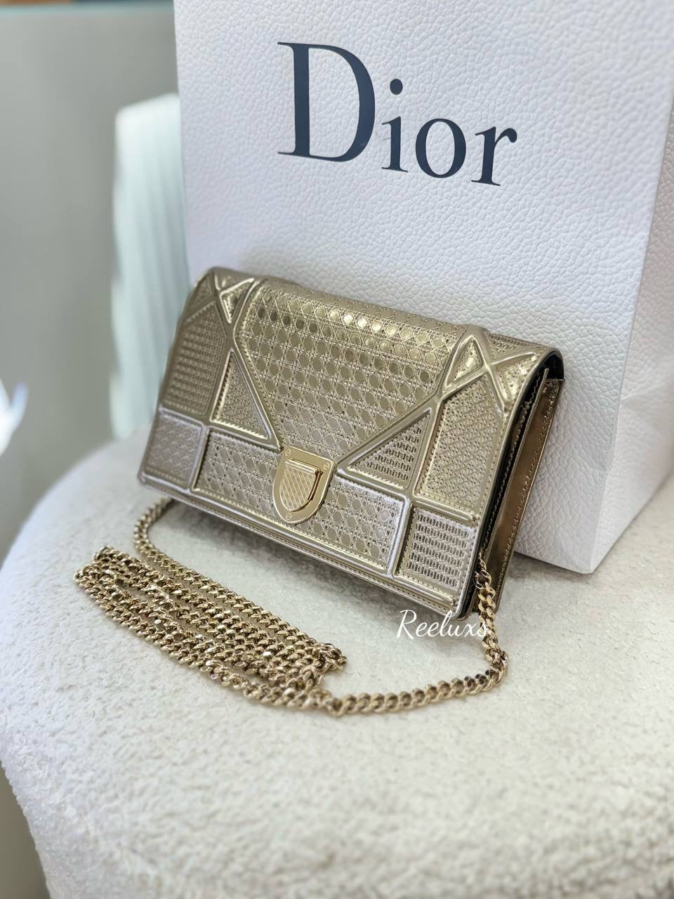 CHRISTIAN DIOR Diorama Metallic Patent Wallet On Chain WOC