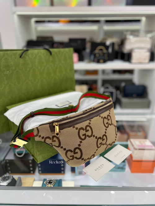 Full Set GUCCI Jumbo GG Belt Bag in Camel and Ebony Canvas