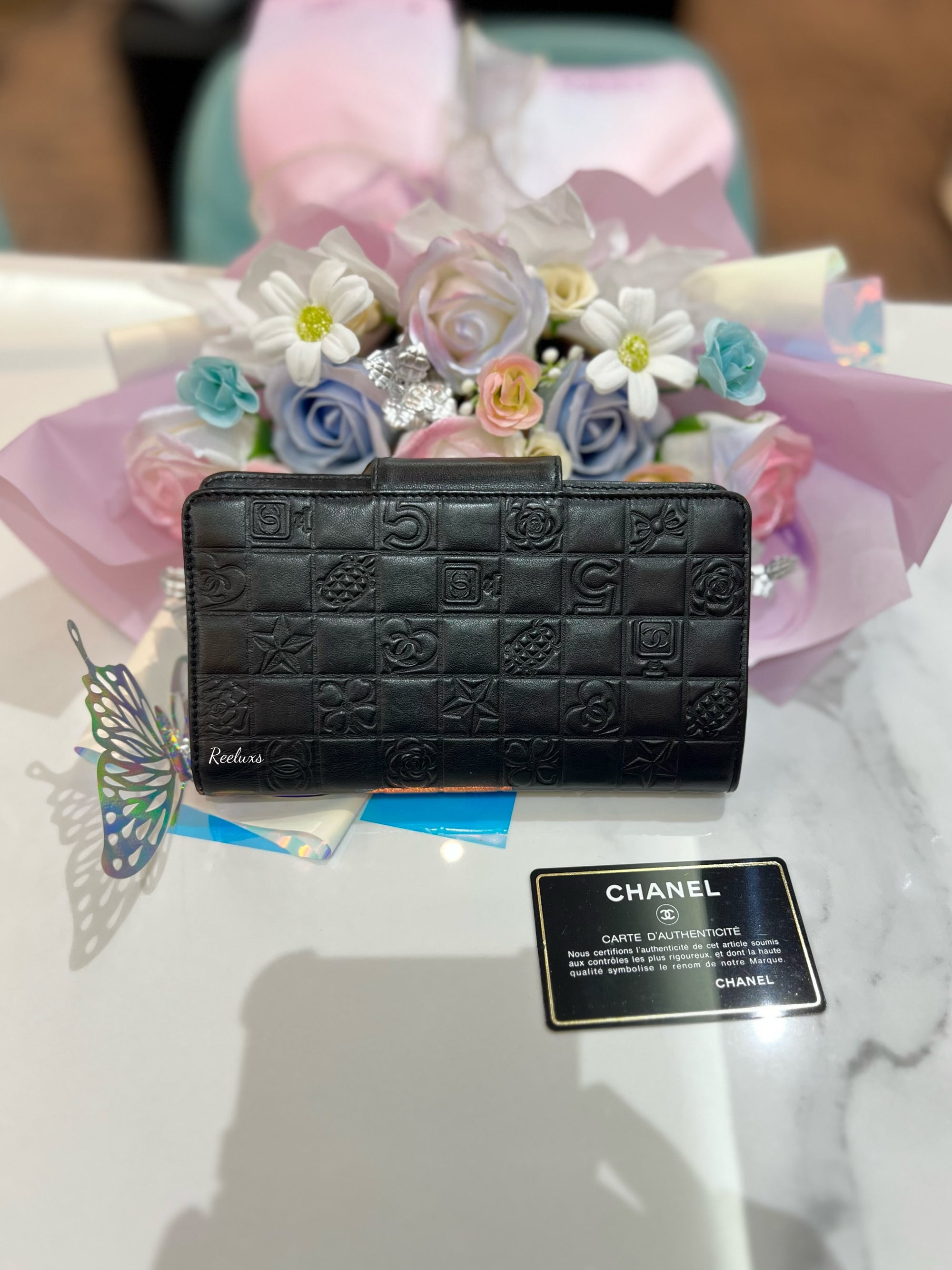 CHANEL Icon CC Logo Leather Long Bifold Wallet Black