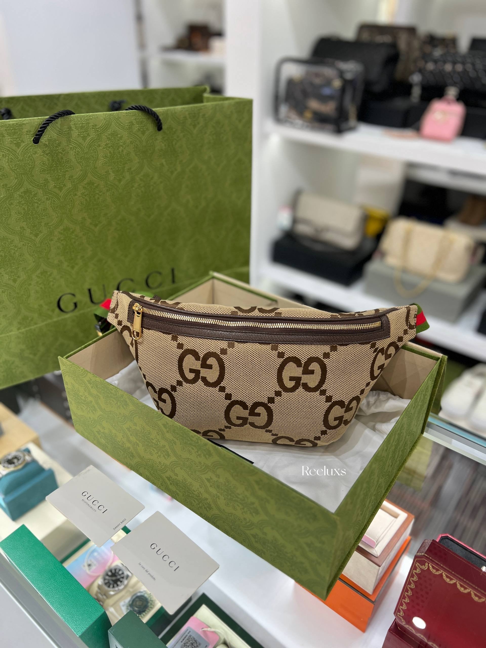 Full Set GUCCI Jumbo GG Belt Bag in Camel and Ebony Canvas