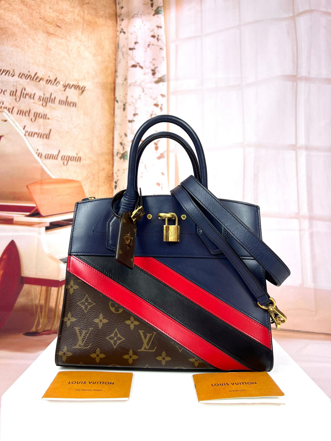 LOUIS VUITTON Calfskin Monogram Striped City Steamer PM Blue Hand & Shoulder Bag - Reeluxs 