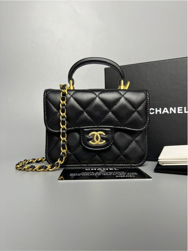 CHANEL Lambskin Black Flap Coin Purse With Chain-Full Set - Reeluxs 