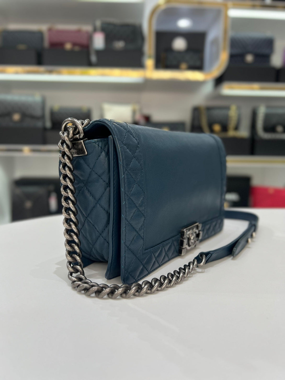 CHANEL Boy Calf Skin Size Blue Leather Flap Women’s Shoulder Bag - Reeluxs 