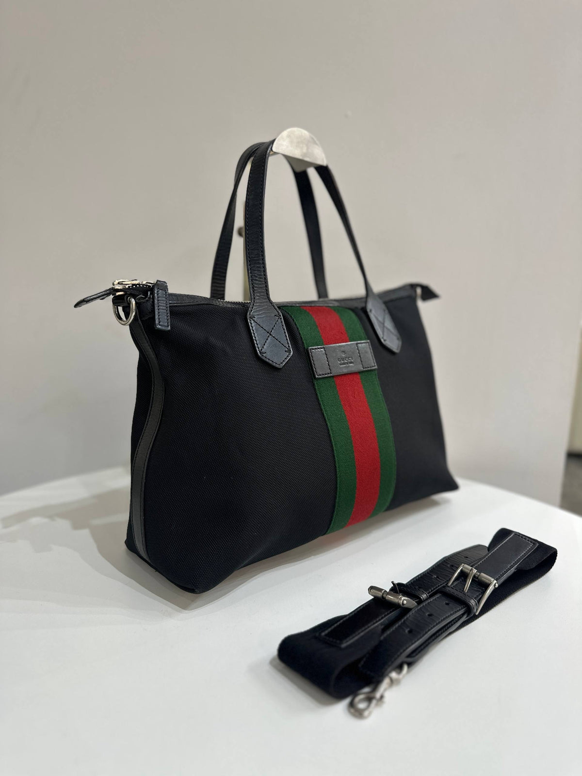 GUCCI Techno Canvas Web Top Handle Shoulder Bag in Black