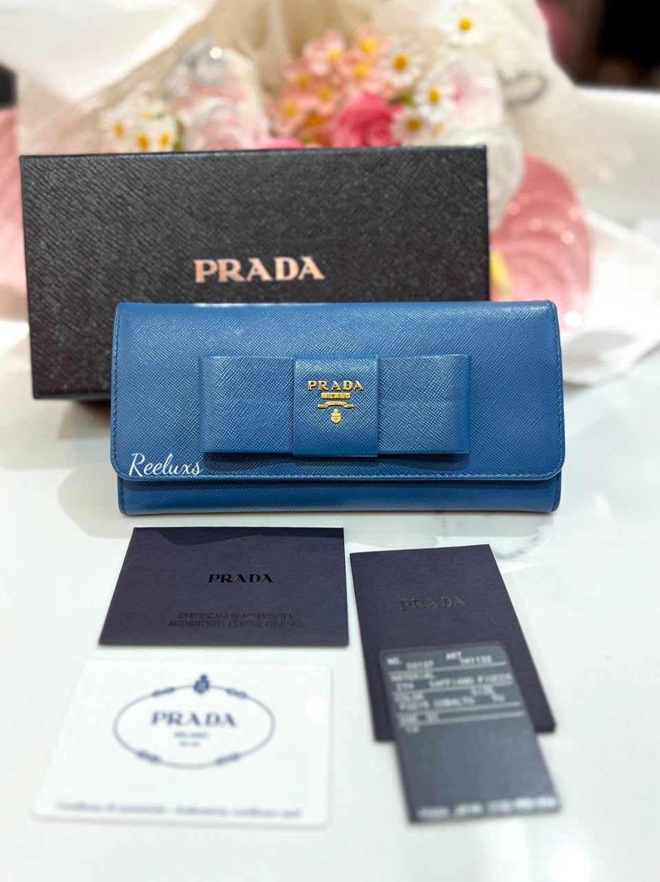 PRADA Saffiano Fiocco Ribbon 1M1132 Women's Saffiano Long Wallet (bi-fold) Bluette